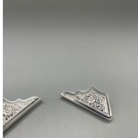 Vintage Western Floral Engraved Silver Tone Shirt Collar Tips Cowboy Accessory - Picture 3 of 5